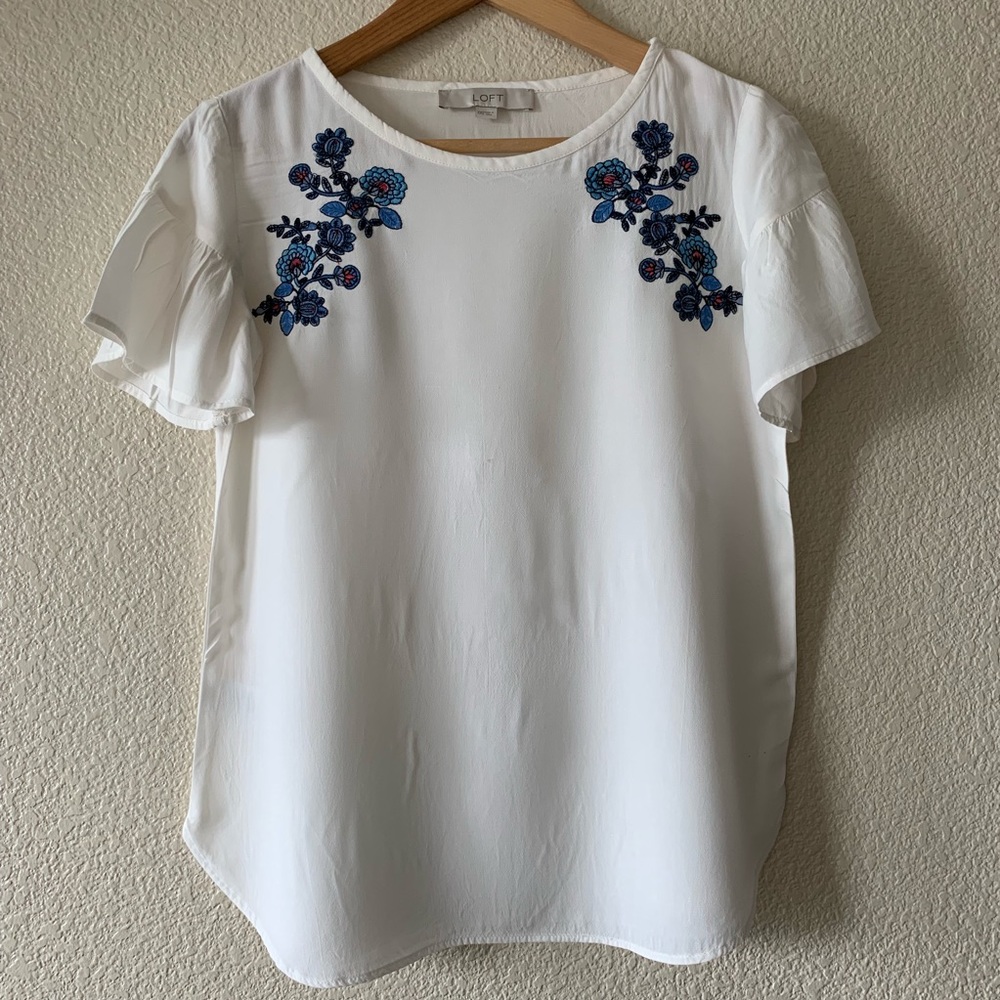 LOFT White Blouse with Floral Embroidery
